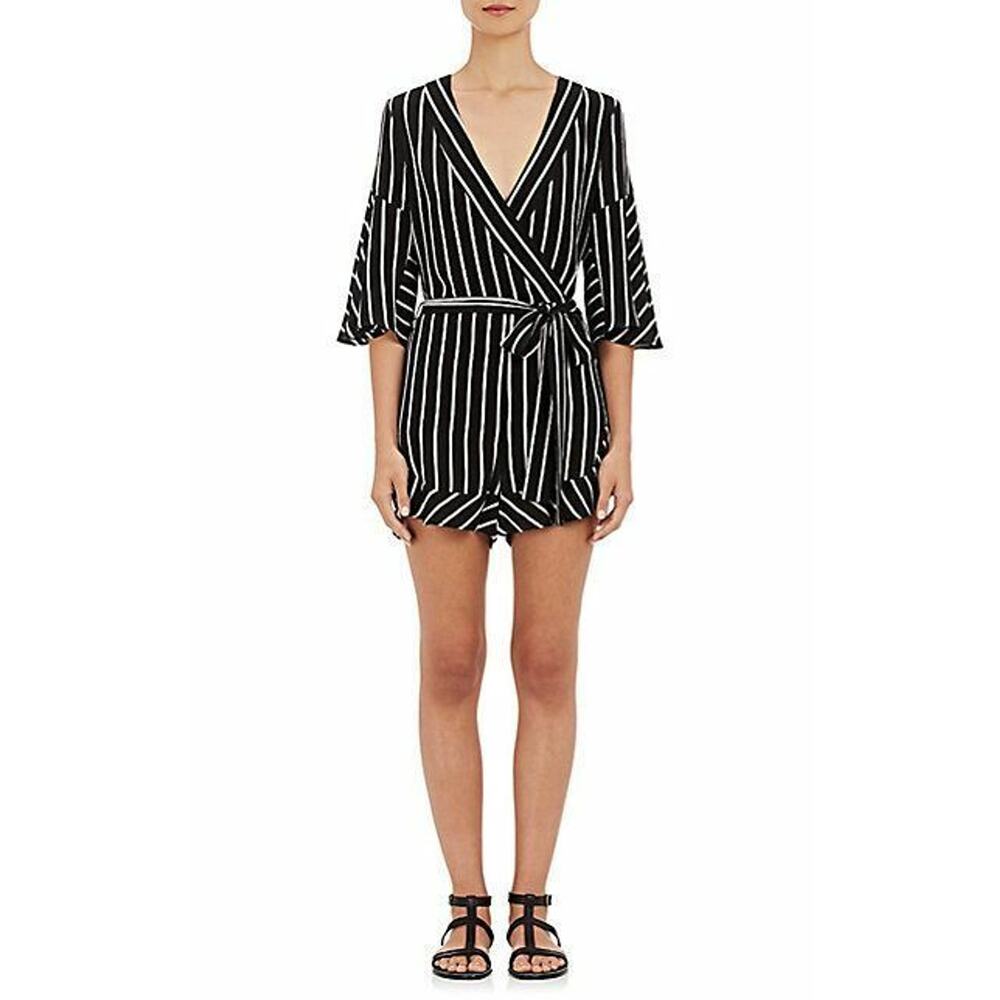 N/Nicholas Stripe Wrap Playsuit Romper Womens 4 Black Bell Sleeve Tie Waist